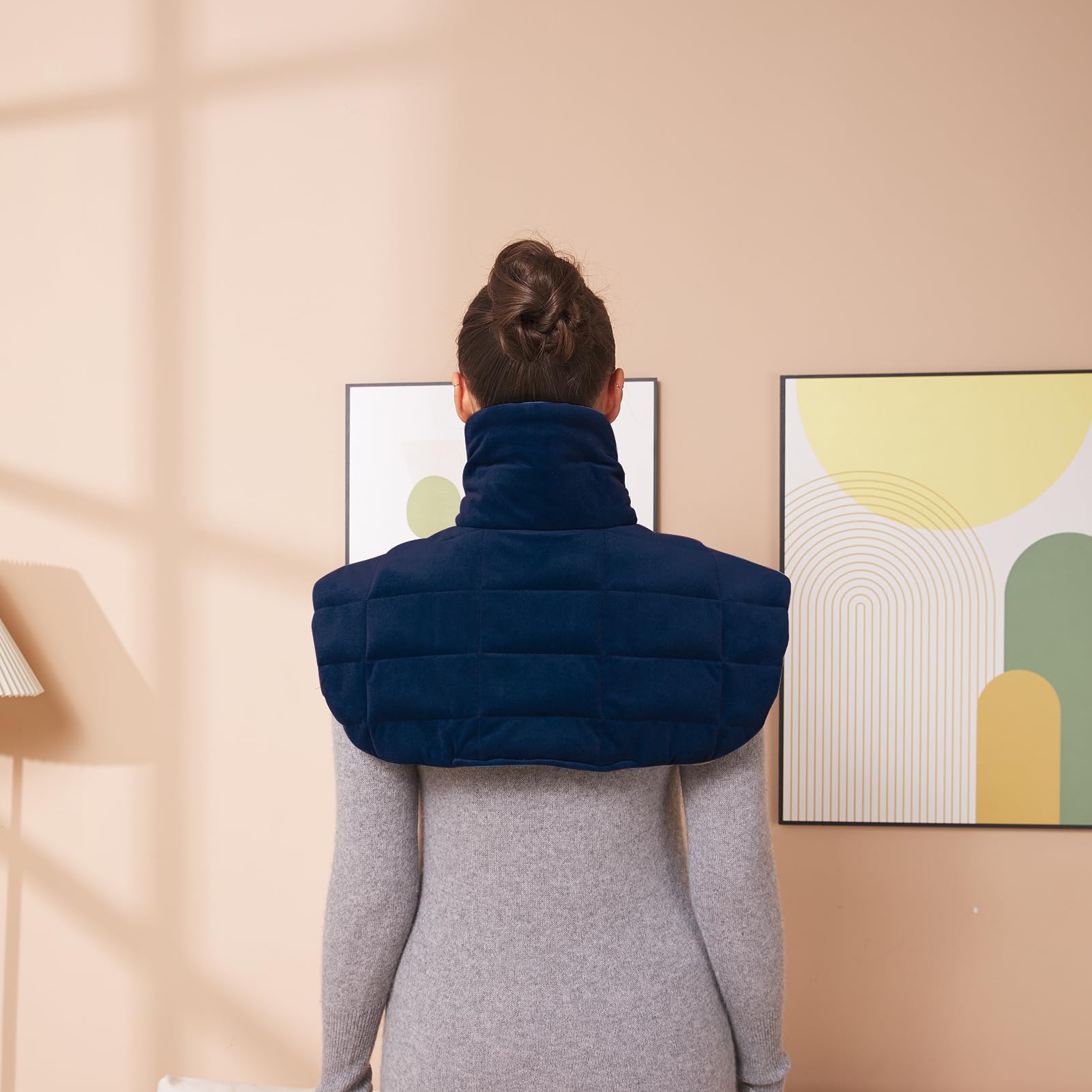 Soft microfiber material texture of the Ambershine navy blue weighted wrap designed for chronic pain management.
