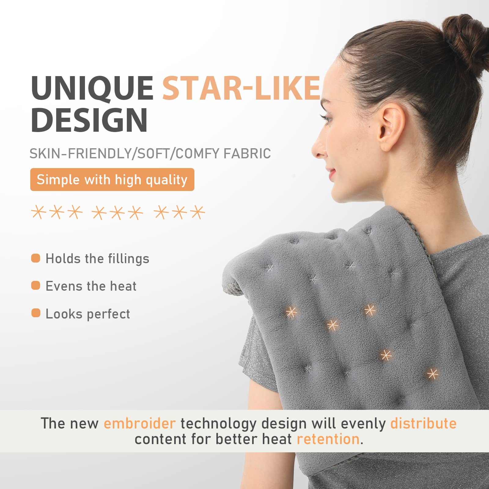 UNCN cordless warm compress displayed with its removable grey cotton washable cover partially slid off to show interior layers