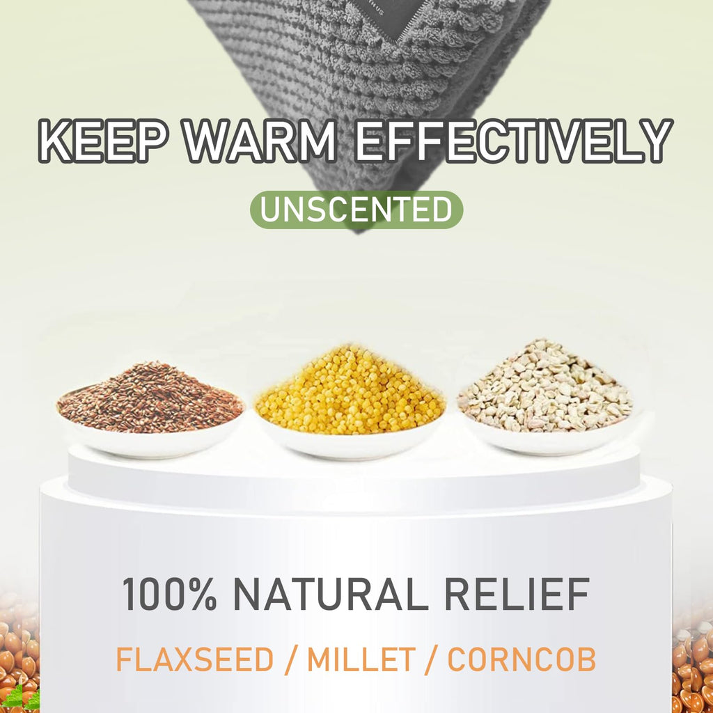 UNCN therapeutic heating pad packaging details showing the unscented natural fill ingredients like flaxseeds and clay beads