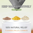 UNCN therapeutic heating pad packaging details showing the unscented natural fill ingredients like flaxseeds and clay beads