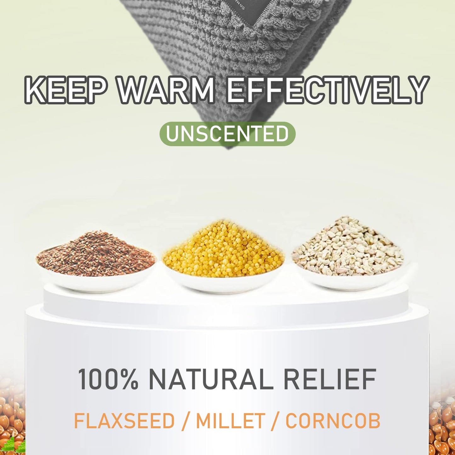 UNCN therapeutic heating pad packaging details showing the unscented natural fill ingredients like flaxseeds and clay beads
