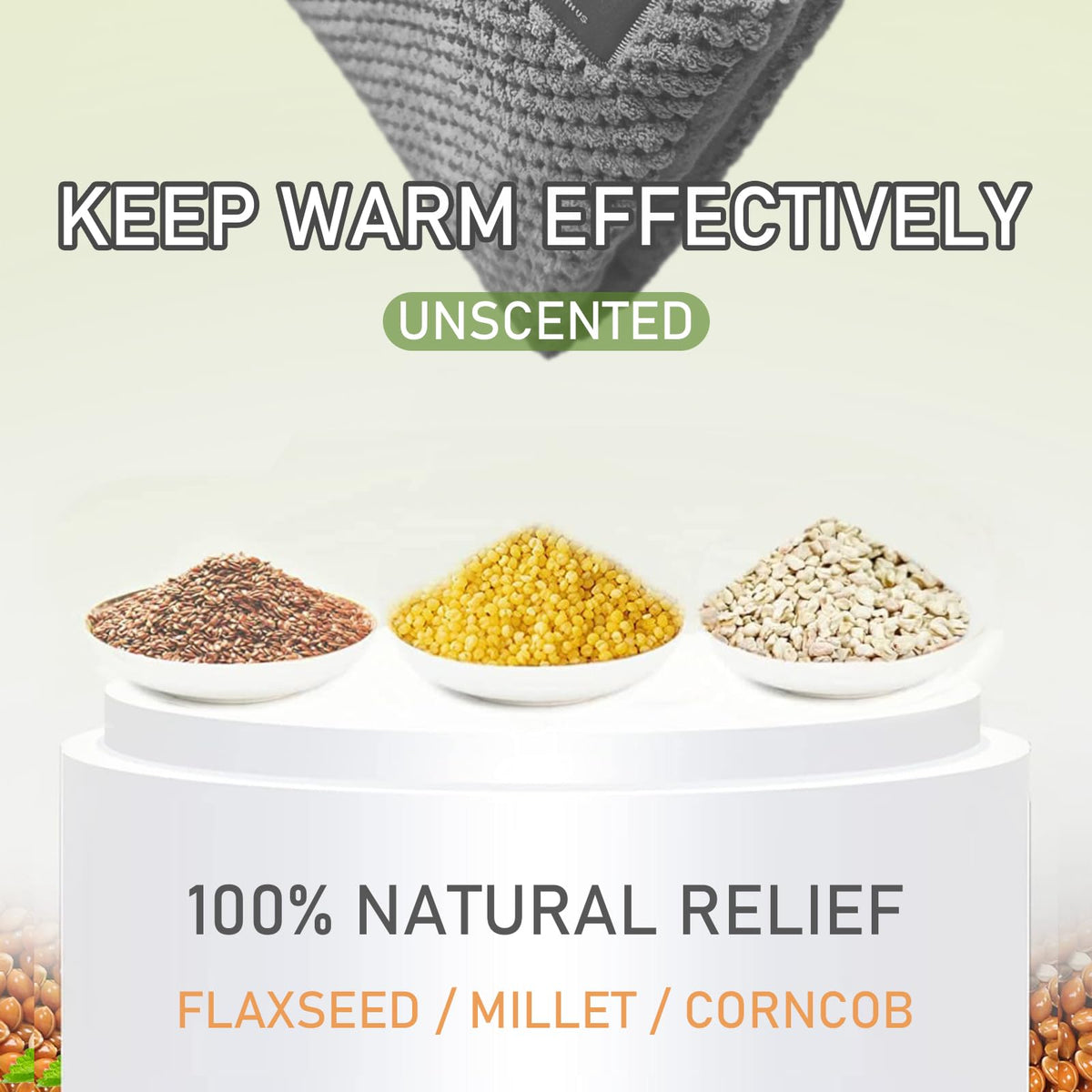 UNCN therapeutic heating pad packaging details showing the unscented natural fill ingredients like flaxseeds and clay beads