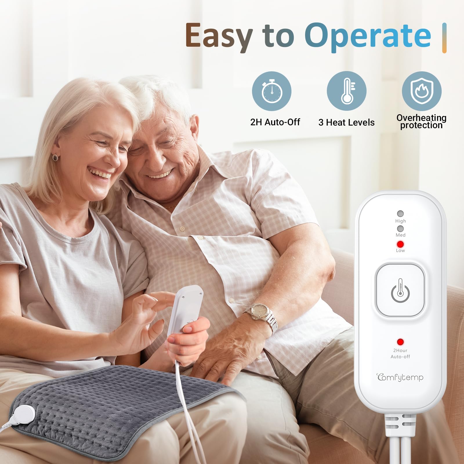 Comfytemp automatic shut off electric pad controller illustrating the high medium and low settings