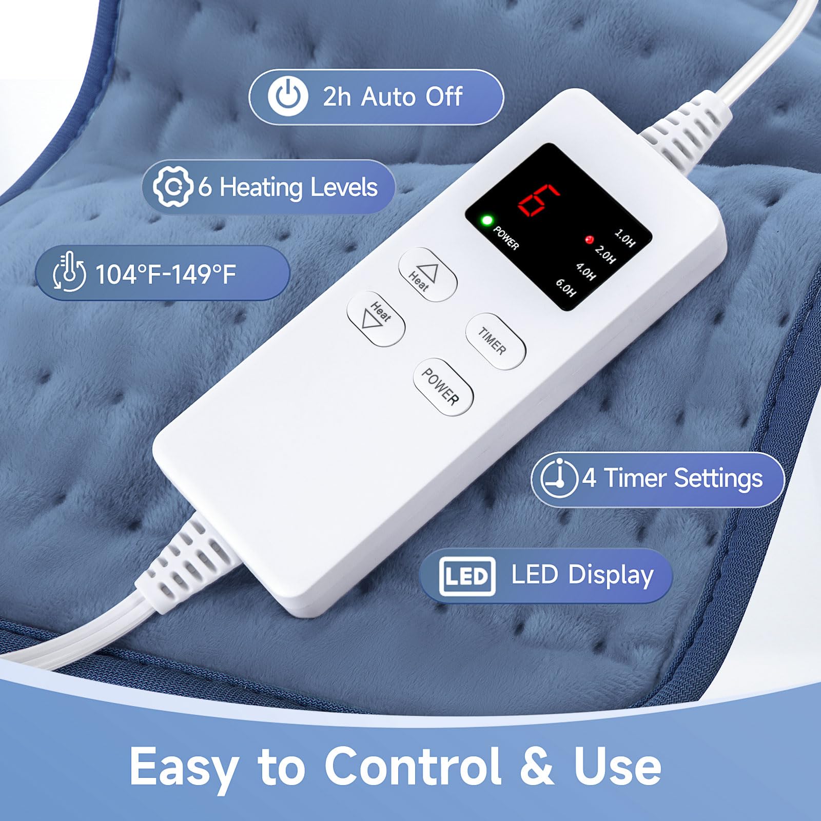 Digital remote control interface showing the six heat settings and four auto shut off timer options.