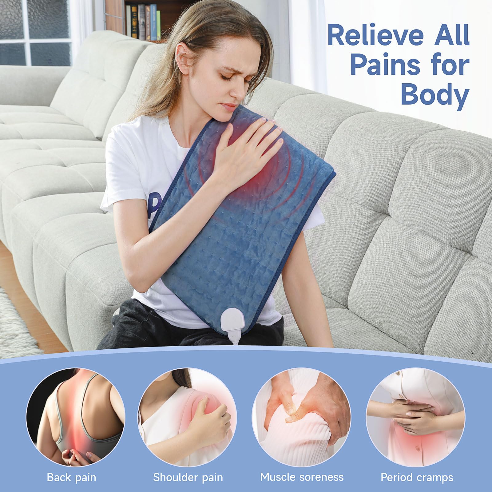 Large blue electric heating pad applied to a person's lower back demonstrating wide surface coverage.