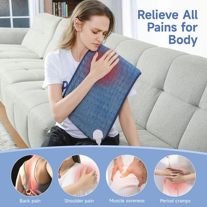 Large blue electric heating pad applied to a person's lower back demonstrating wide surface coverage.