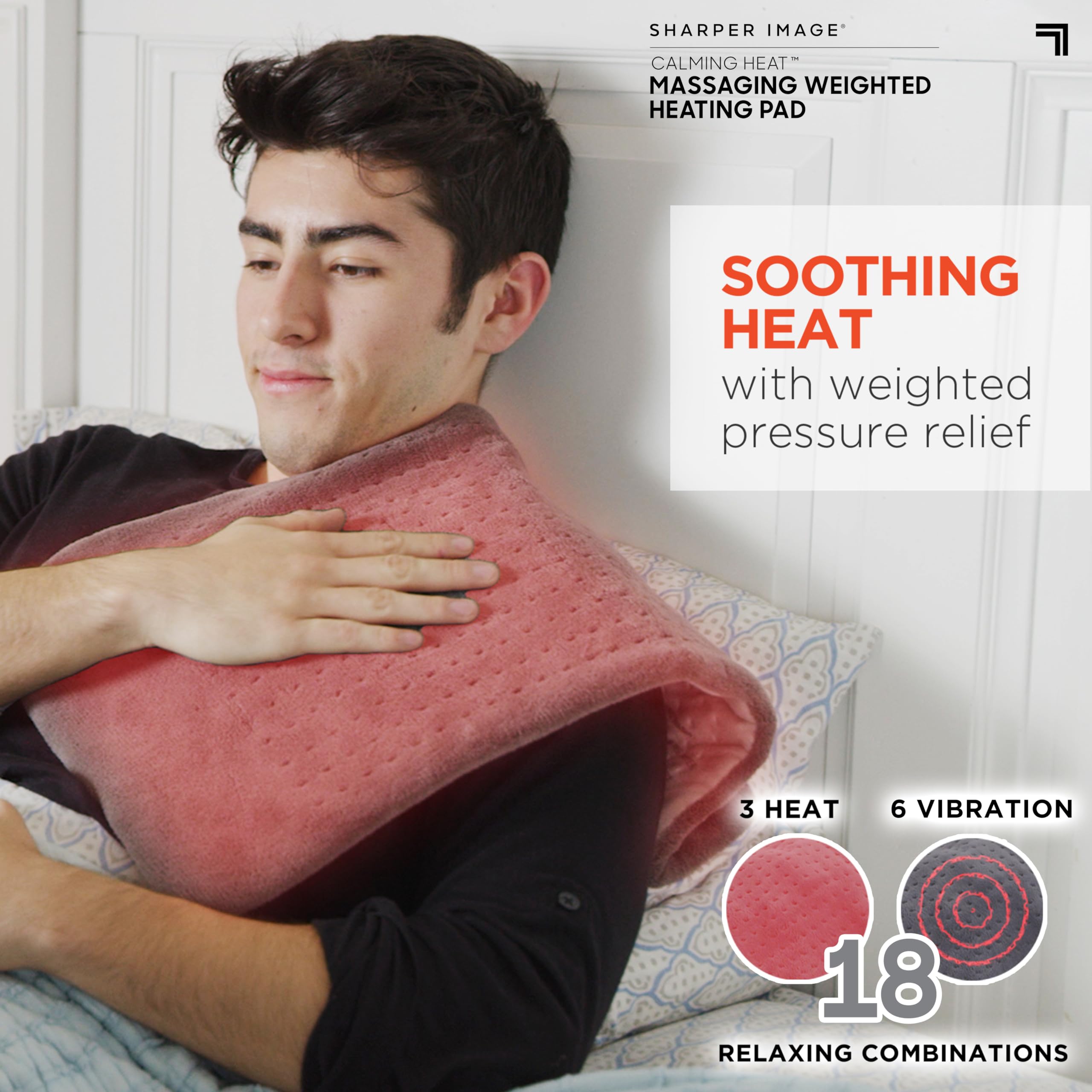 Sharper Image vibrating electric heating pad controller showcasing customized heat and massage levels