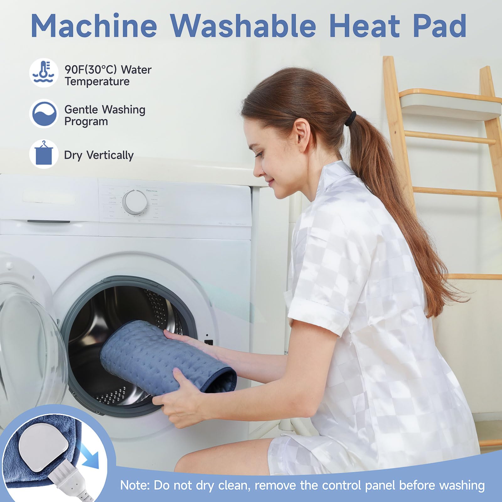 Premium imported heating pad draped over the shoulders and neck for targeted upper body pain relief.