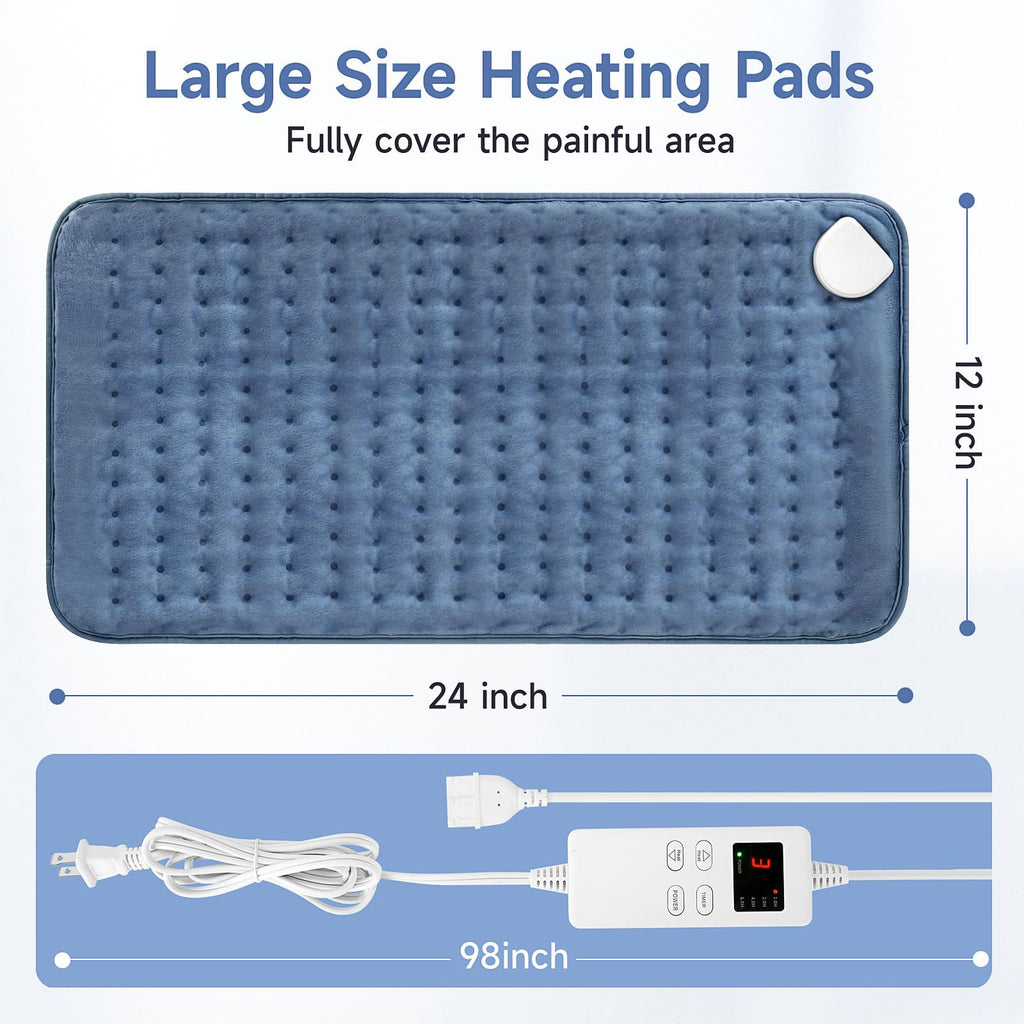 Detachable power cord connector mechanism on the corner of the navy blue microplush heating pad.