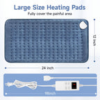 Detachable power cord connector mechanism on the corner of the navy blue microplush heating pad.