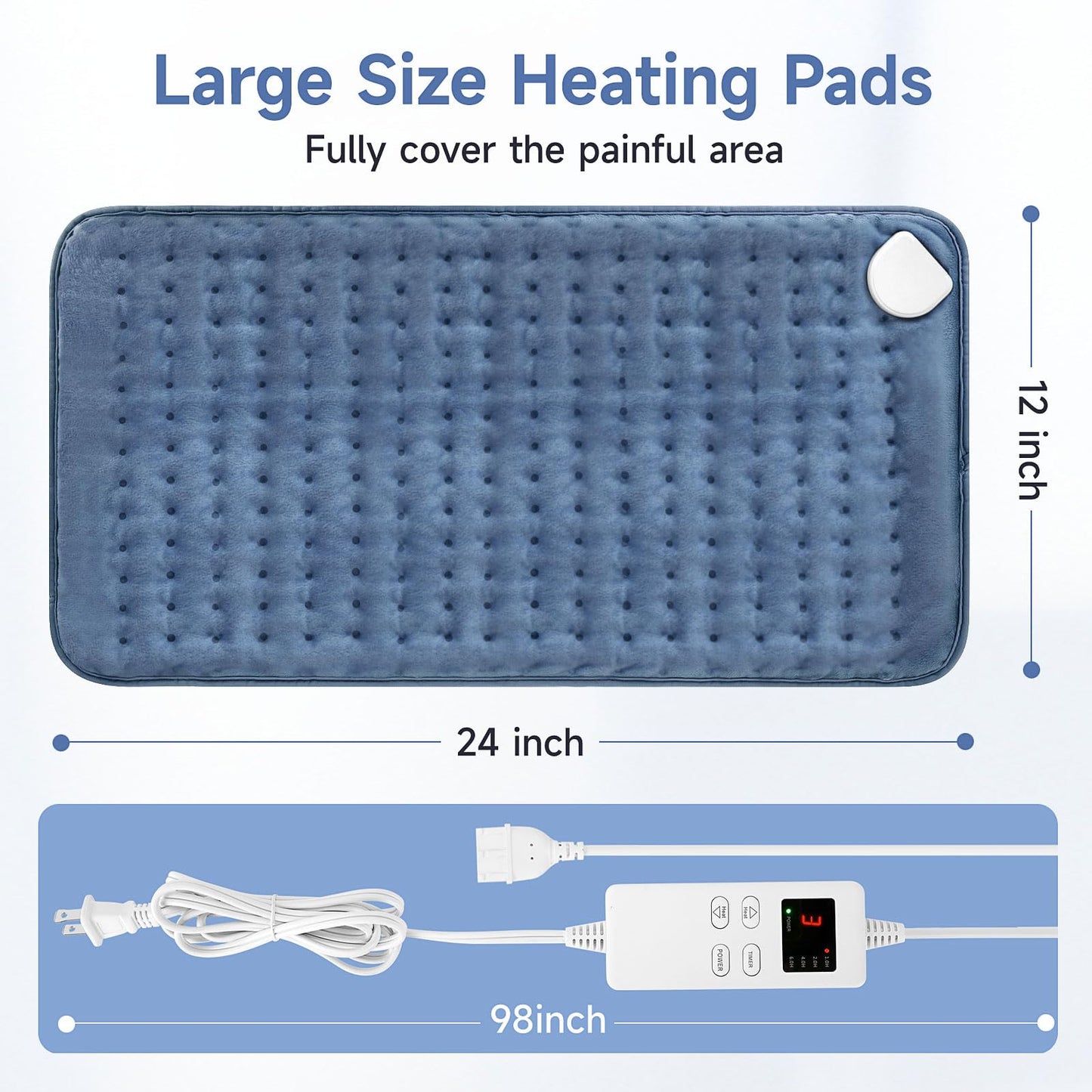 Detachable power cord connector mechanism on the corner of the navy blue microplush heating pad.