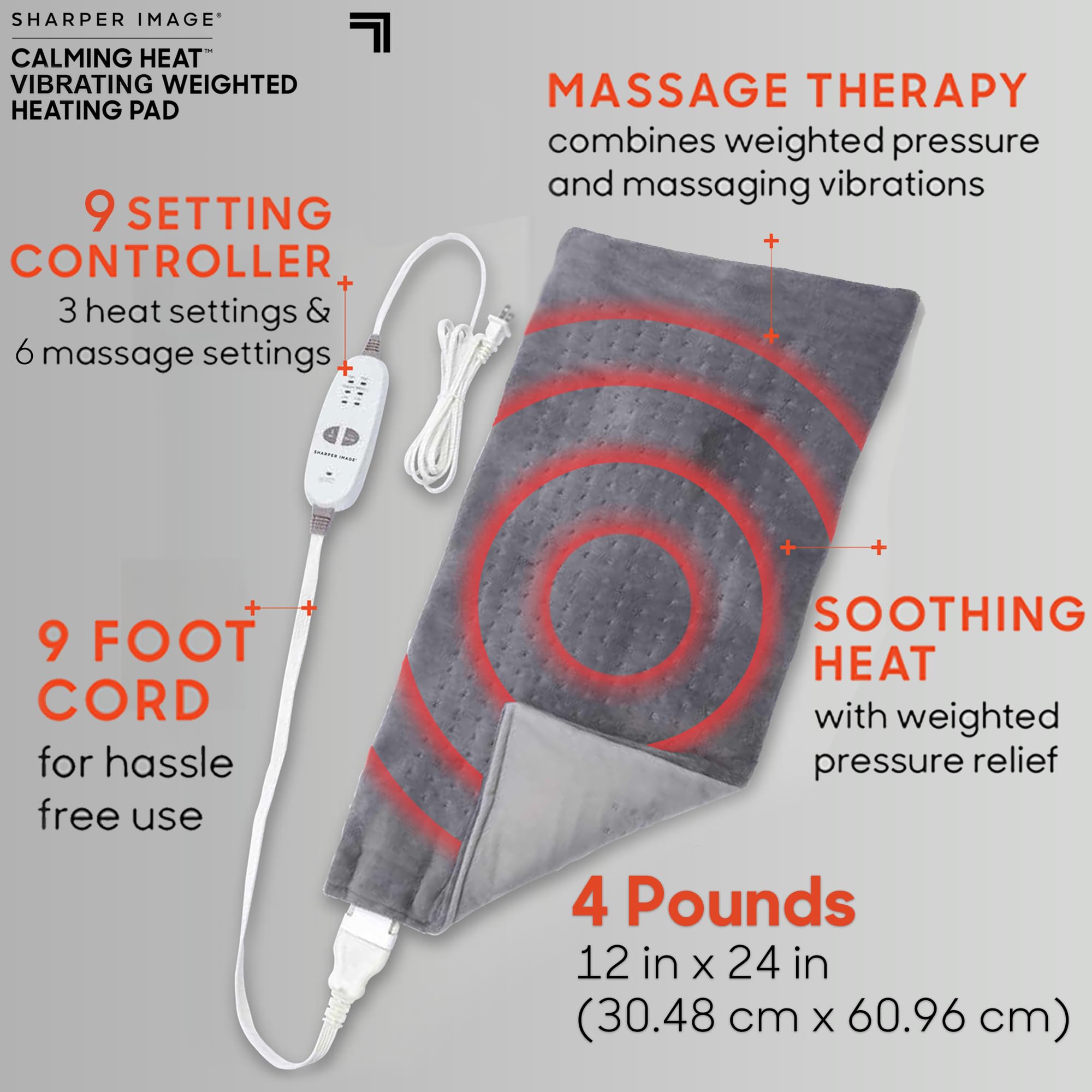 Authentic imported weighted heating blanket package detailing the four pound weight design features