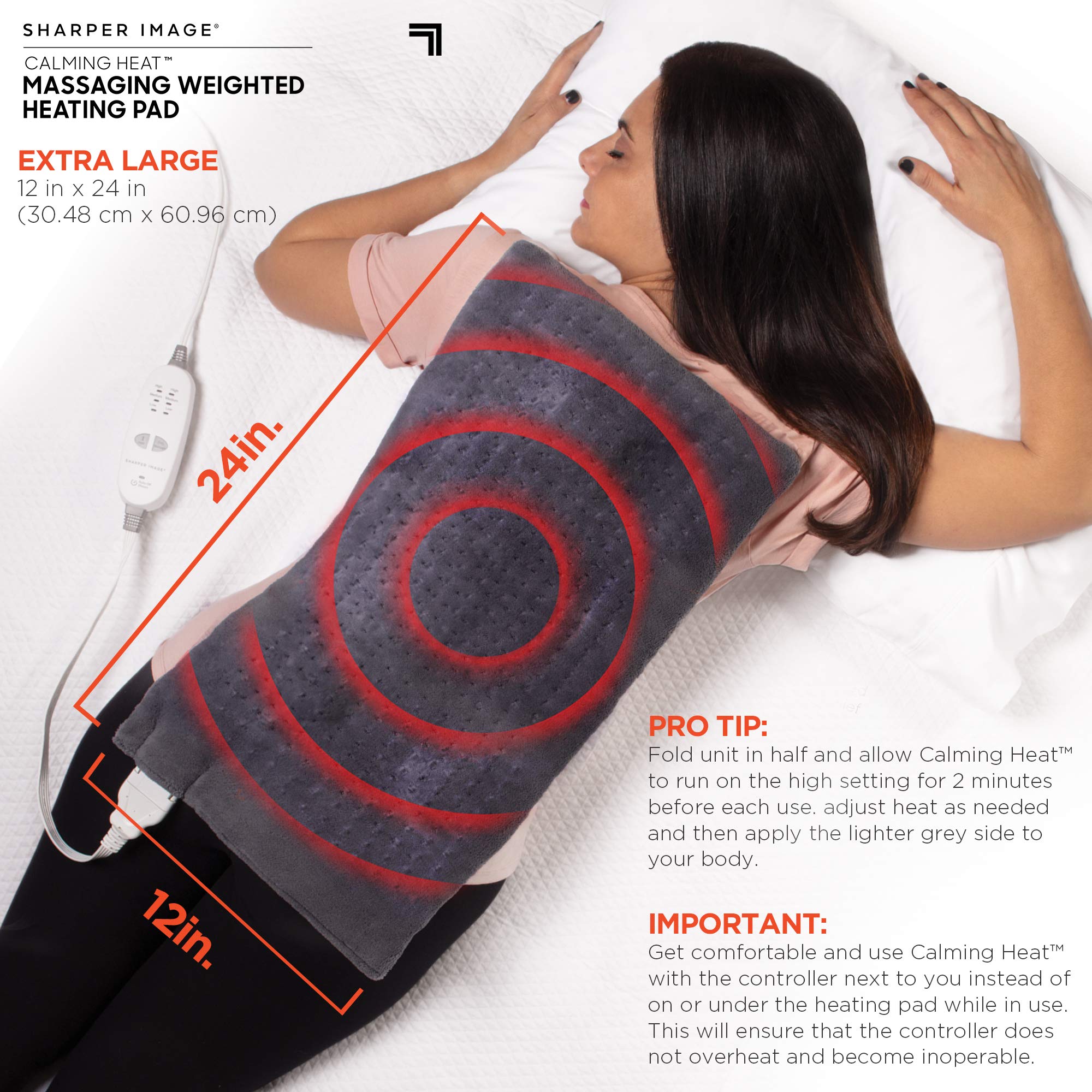 Premium grey velvet massaging heating pad showing the safety auto shut-off information labels