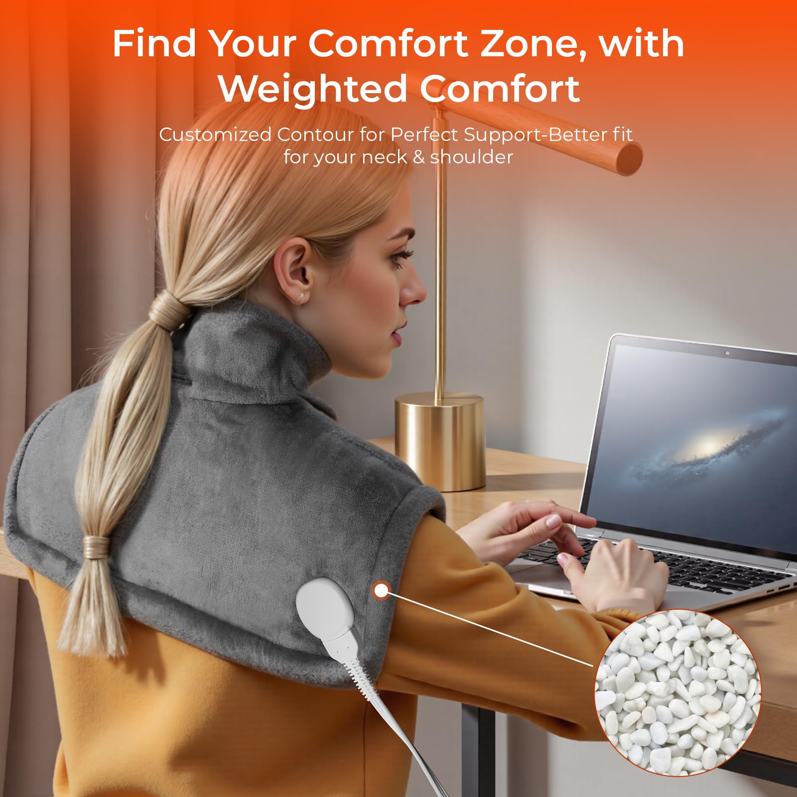 VAAGHANM electric heat wrap draped on shoulders illustrating the ergonomic fit and secure snap fasteners