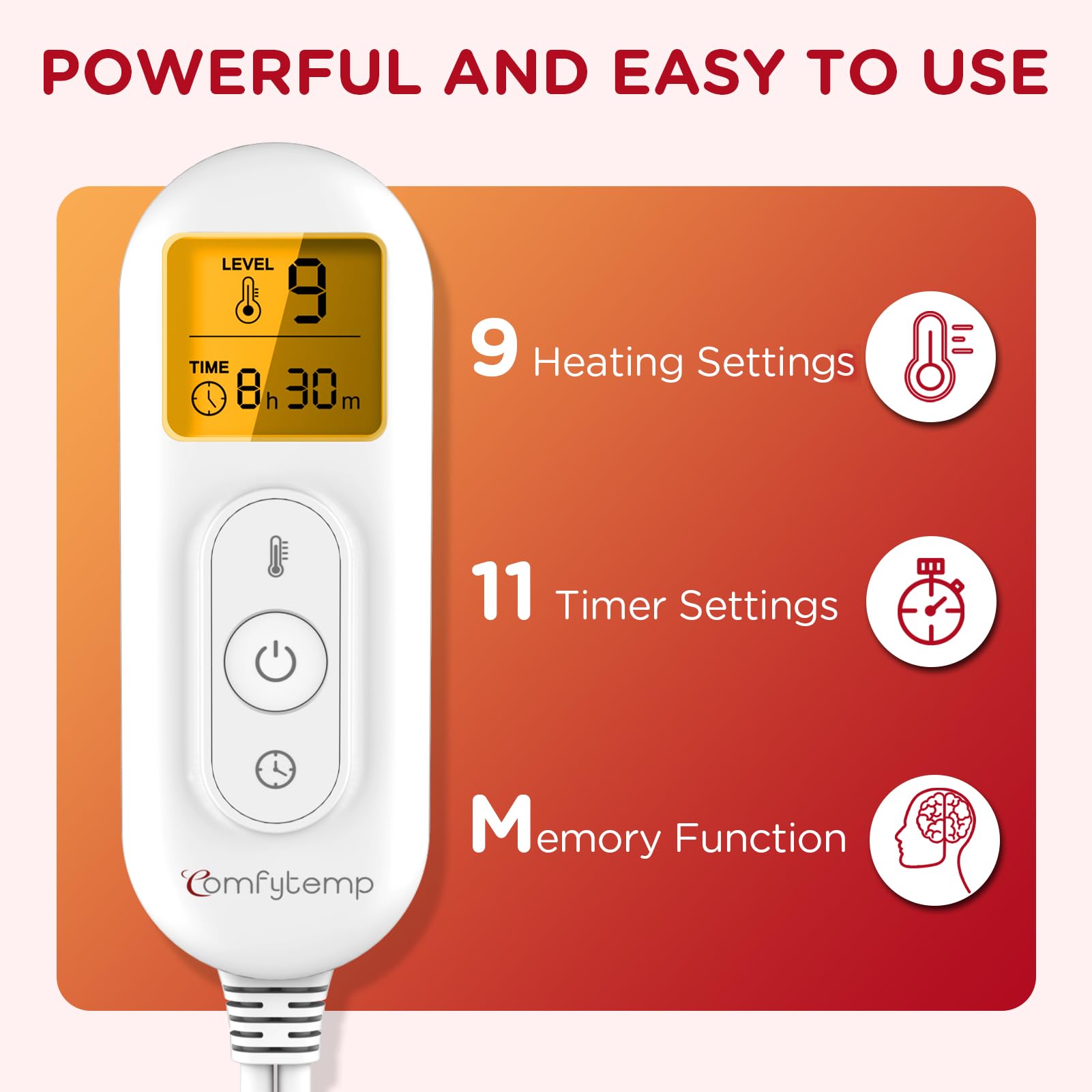 Backlit digital controller of Comfytemp heating pad displaying heat settings and timer levels