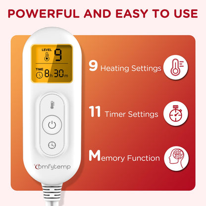 Backlit digital controller of Comfytemp heating pad displaying heat settings and timer levels