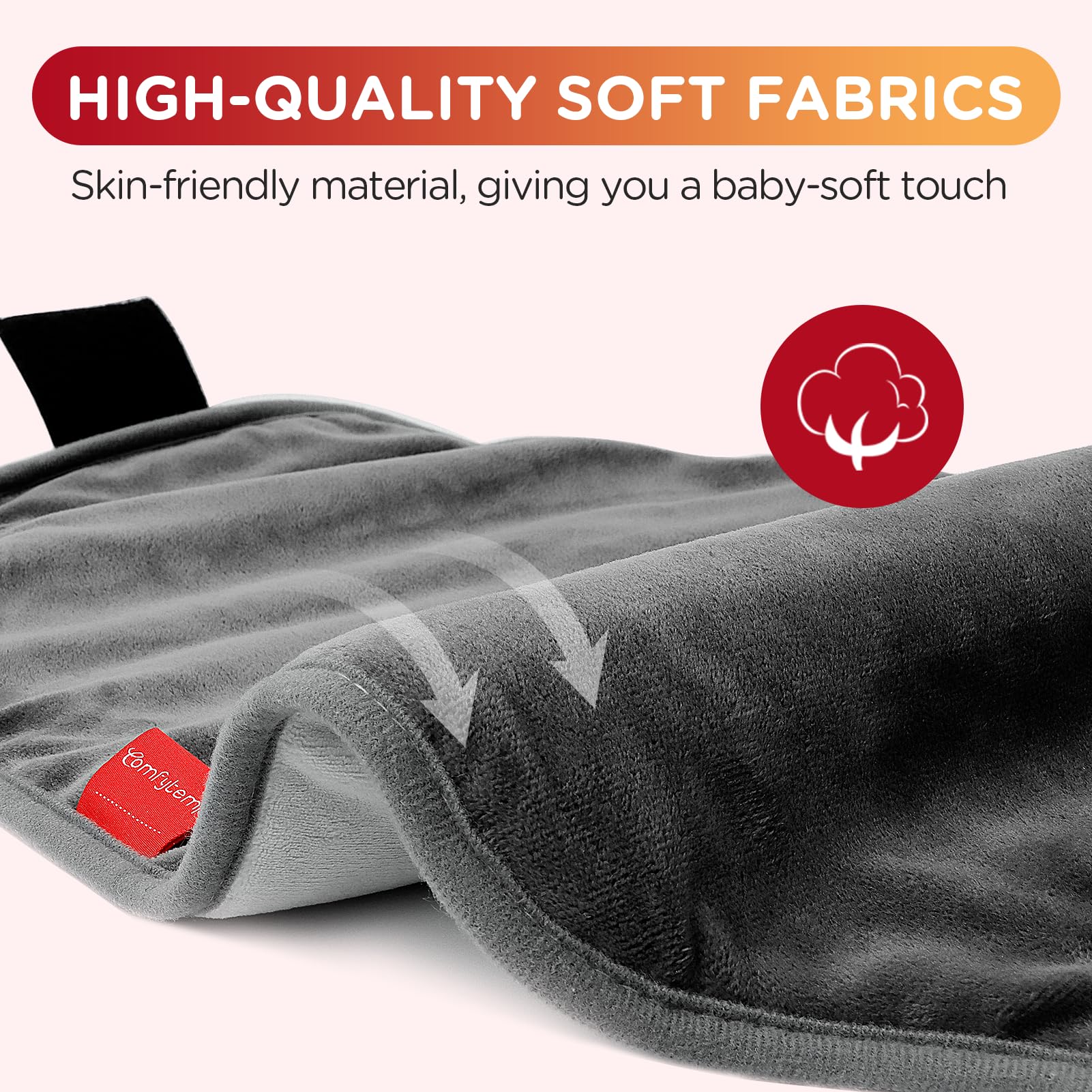 Comfytemp wearable lower back heating pad wrapped securely showing the elastic belt mechanism