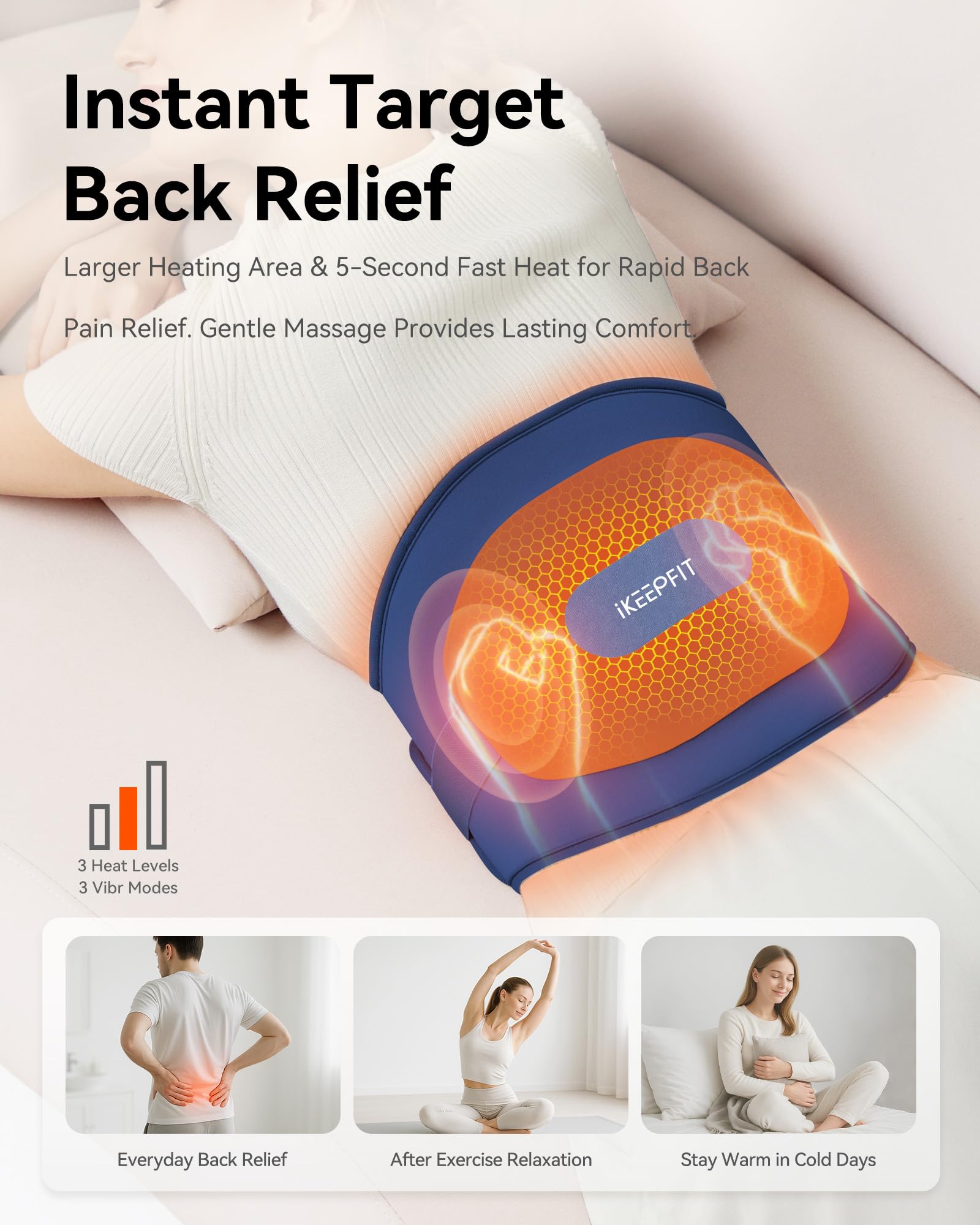 Cordless electric heat belt wrapped around a person's lower back illustrating portable hands-free pain relief.