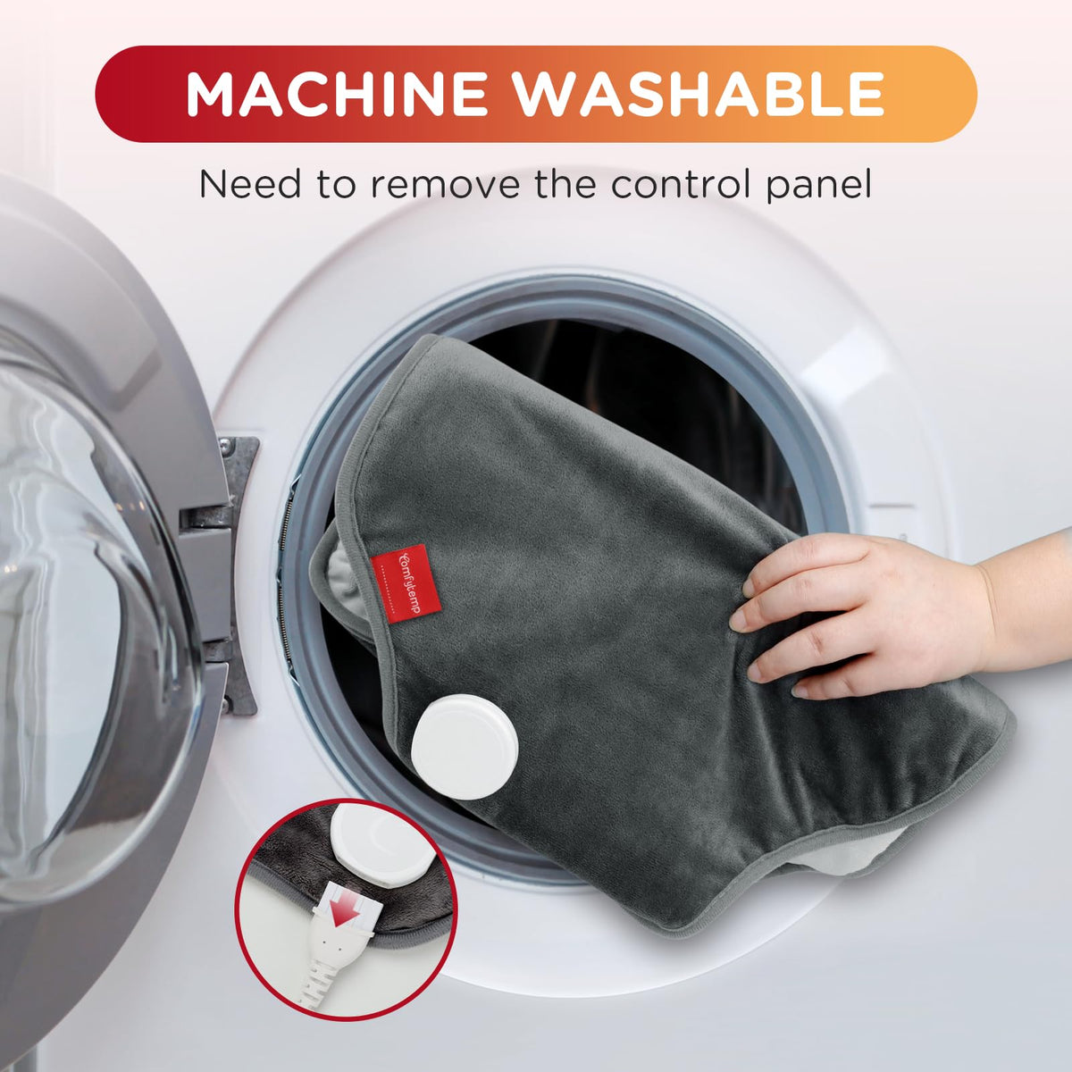 Detachable safety plug interface on the side of the grey Comfytemp electric pad