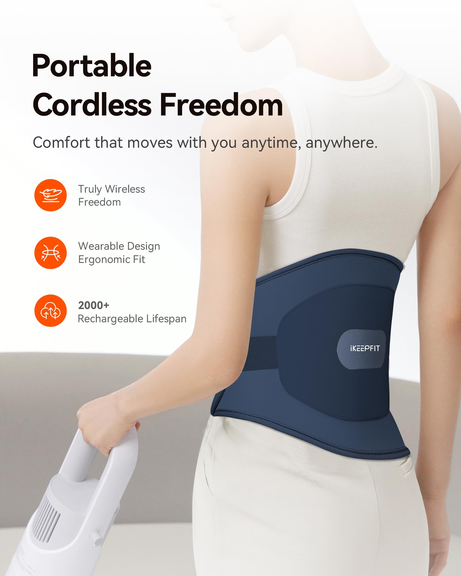Rechargeable battery powered menstrual cramp massager applied to the abdomen highlighting the dual zone heating area.