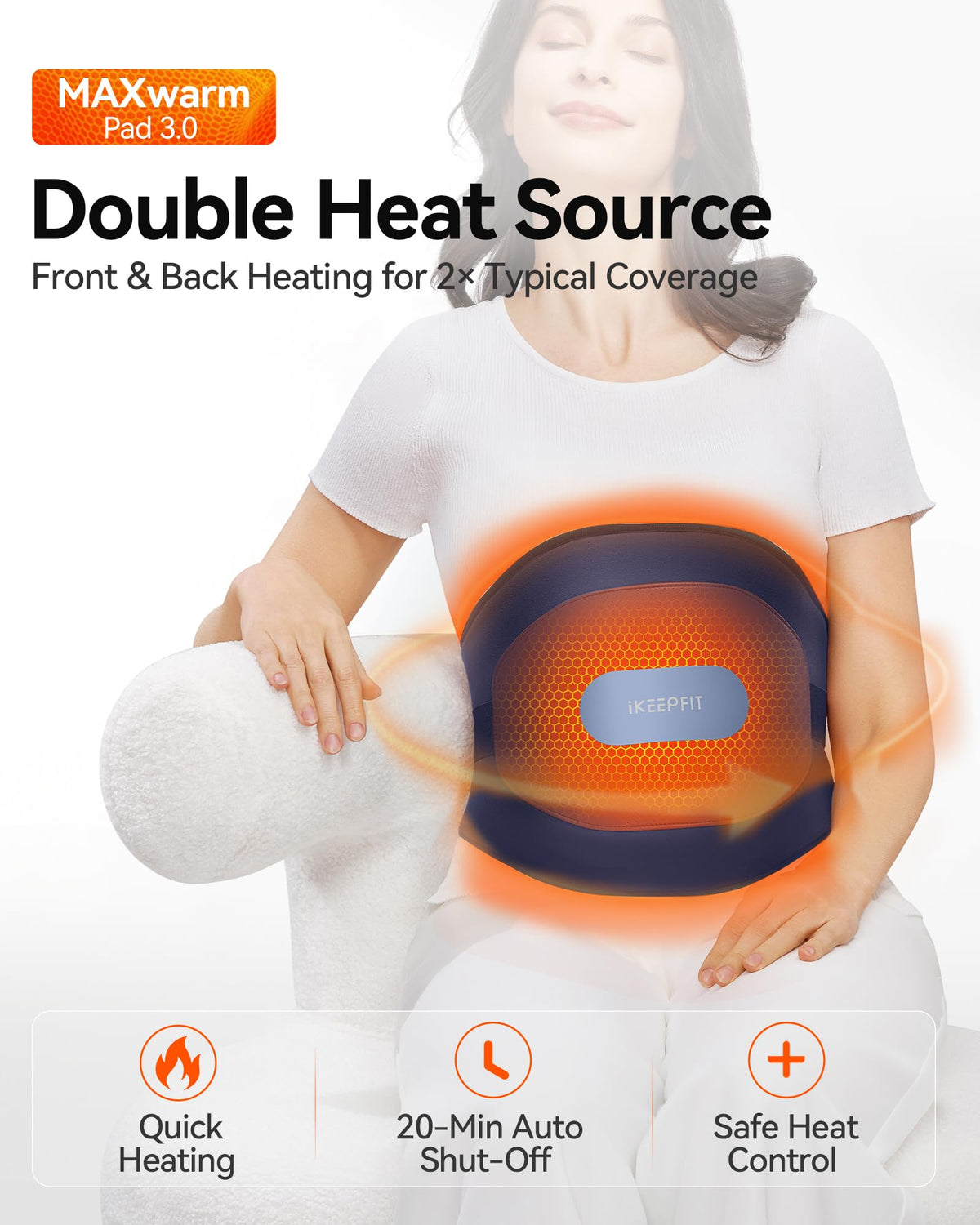 Diagram showing the three temperature settings and the NTC intelligent safety sensors of the electric back massager.