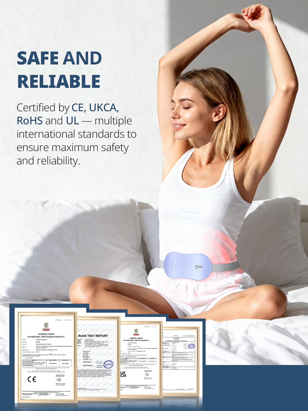 Slimpal electric wearable period cramp relief wrap displaying the adjustable elastic strap stretched