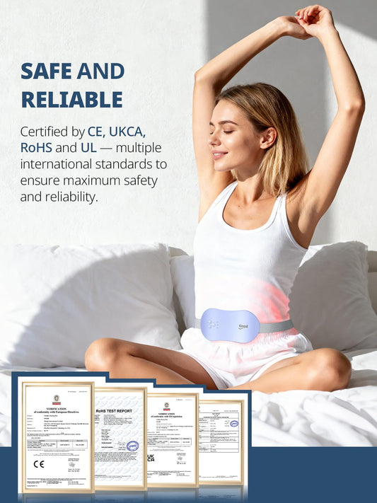 Slimpal electric wearable period cramp relief wrap displaying the adjustable elastic strap stretched