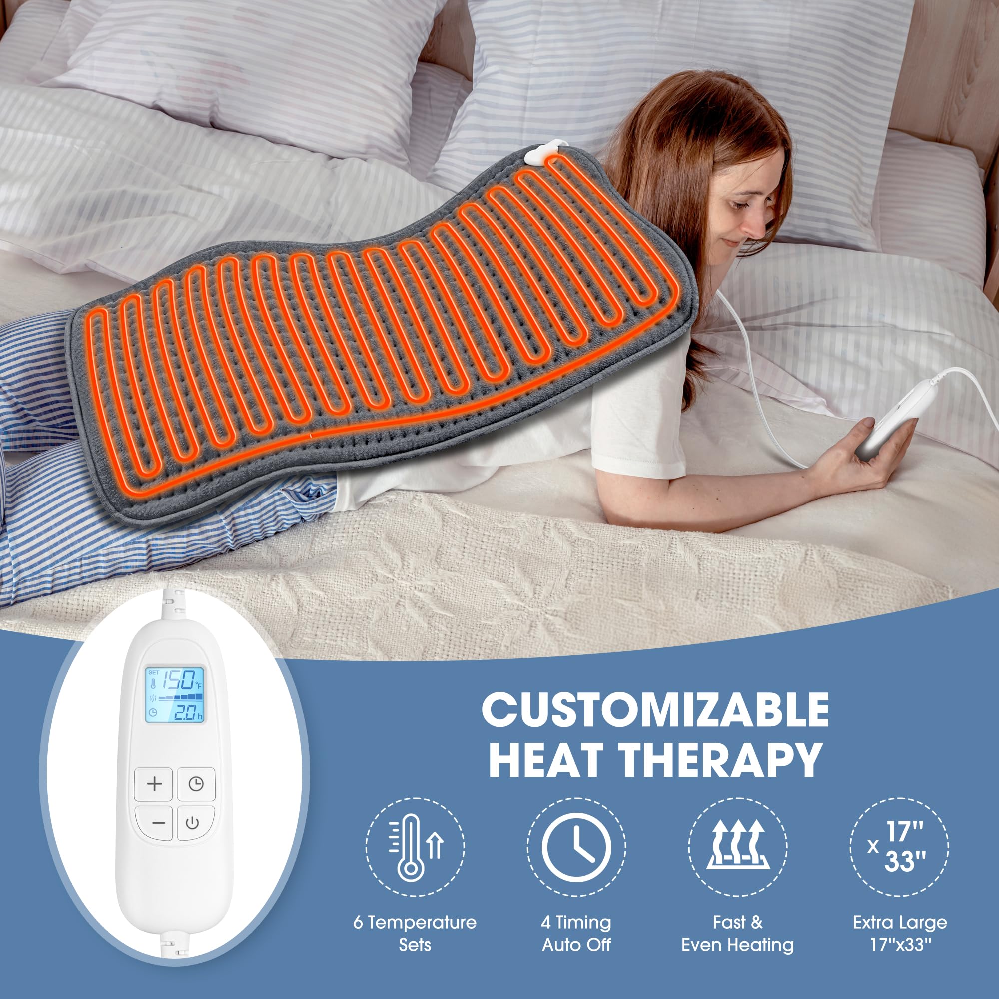 FluffyWarmth gray heat pad wrapped comfortably around a user for shoulder pain relief.