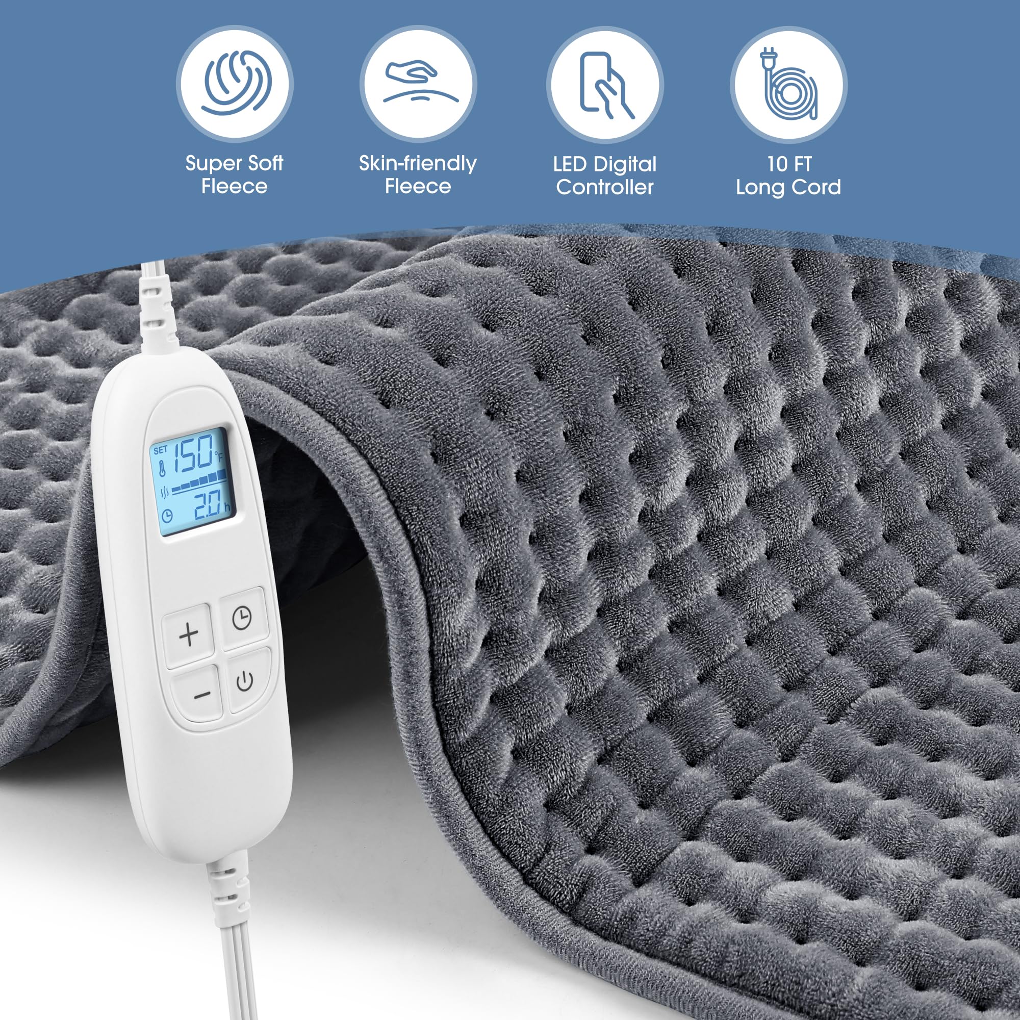 FluffyWarmth XXXL heating pad placed on the lower back for targeted muscle relaxation.