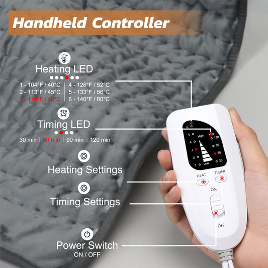 Plush electric heat therapy pad applied directly on a person shoulder and neck area for targeted muscle relaxation