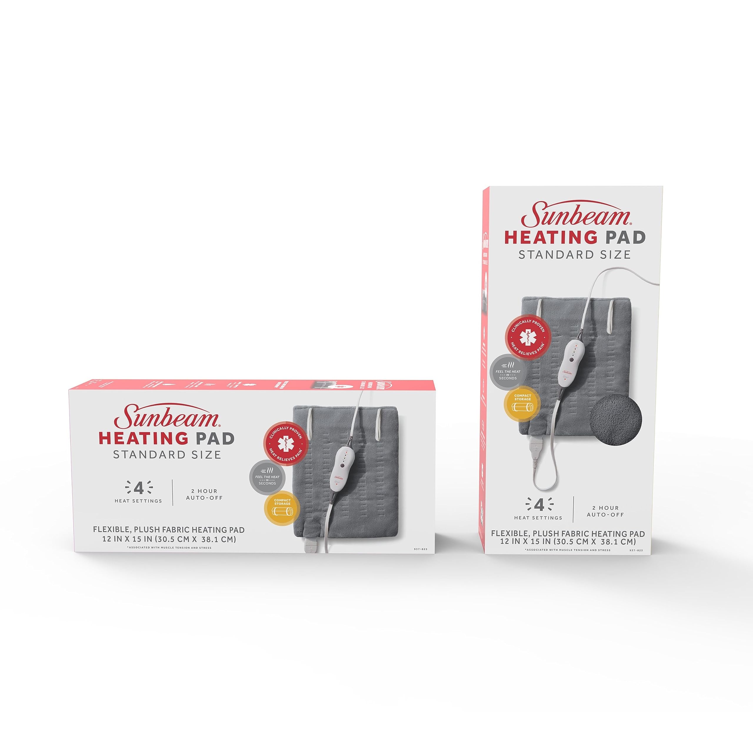 Sunbeam standard size heating pad with integrated elastic storage straps rolled up.