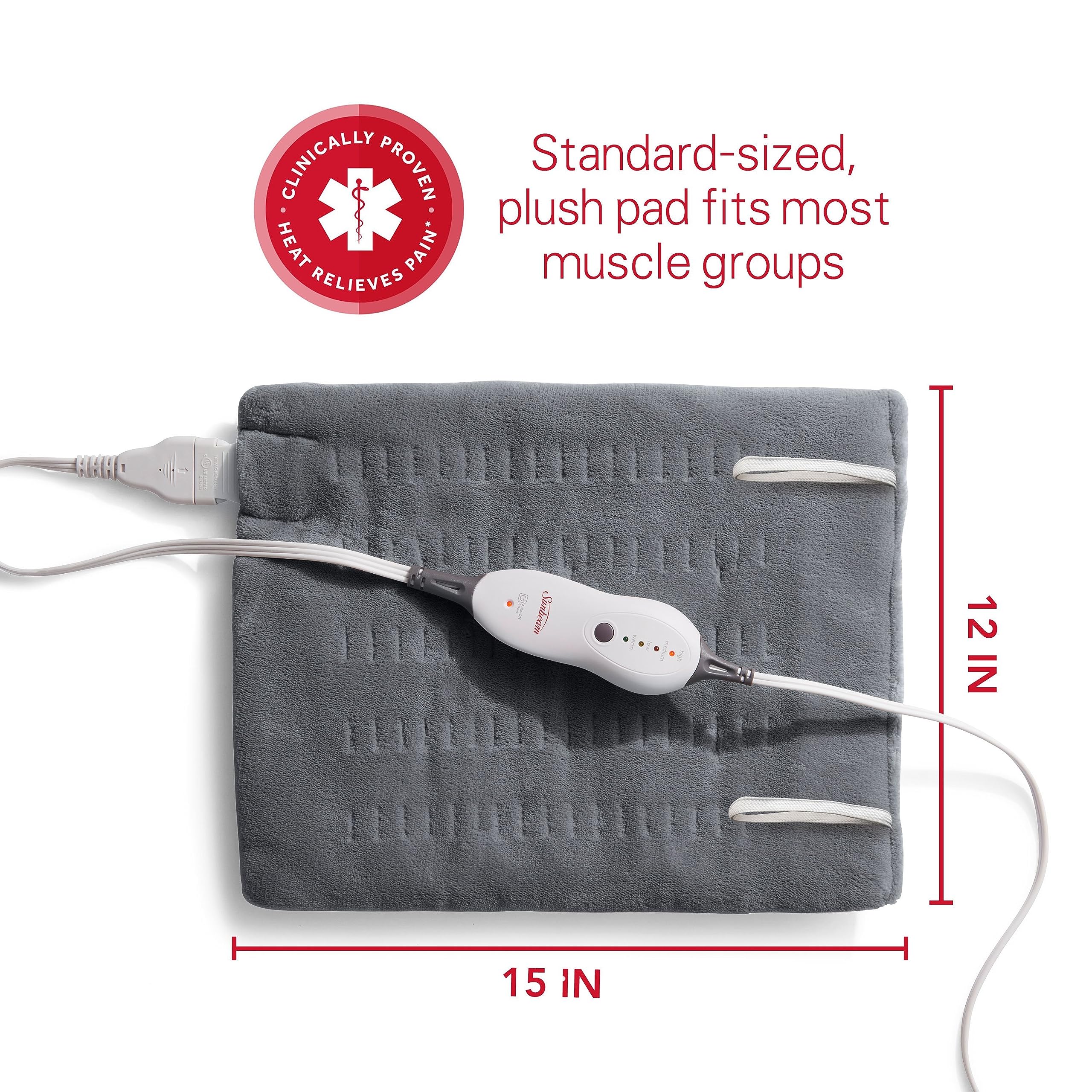 Sunbeam microplush heating pad for menstrual cramps and back pain relief.