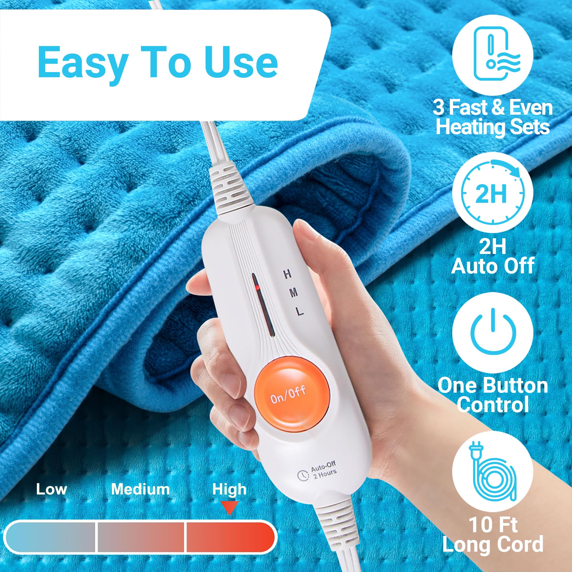 Extra large electric heating blanket laid flat illustrating seventeen by thirty three inch muscle coverage.