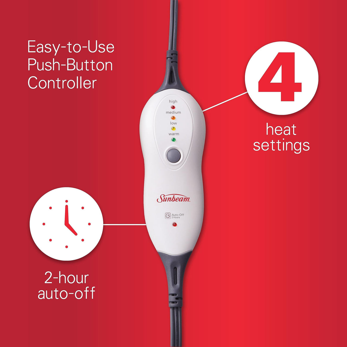 Sunbeam machine washable premium heating pad with controller detached.