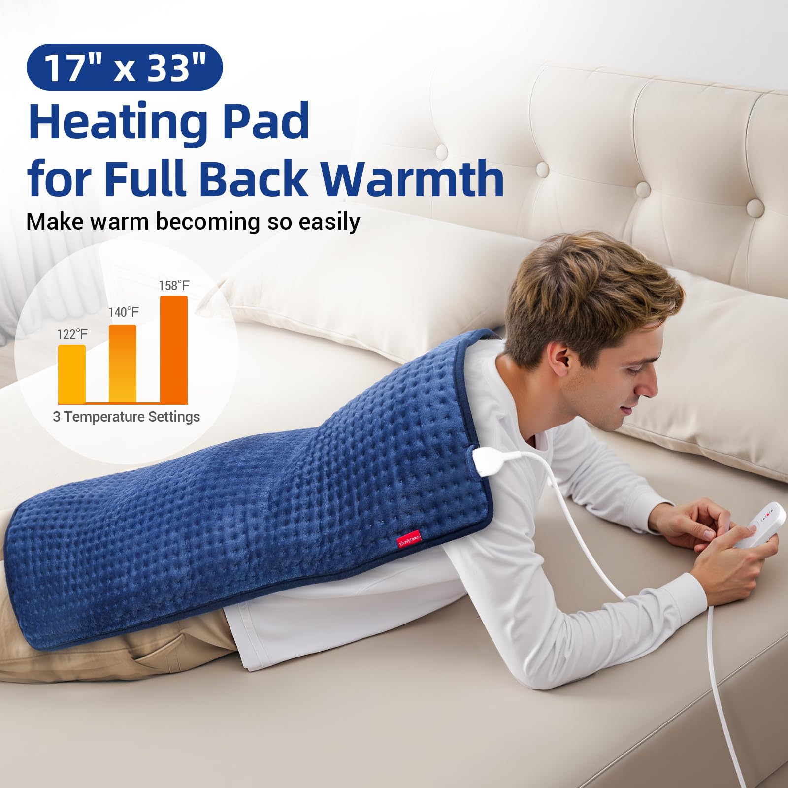 King size electric heat wrap draped over a person's shoulder for neck pain relief.