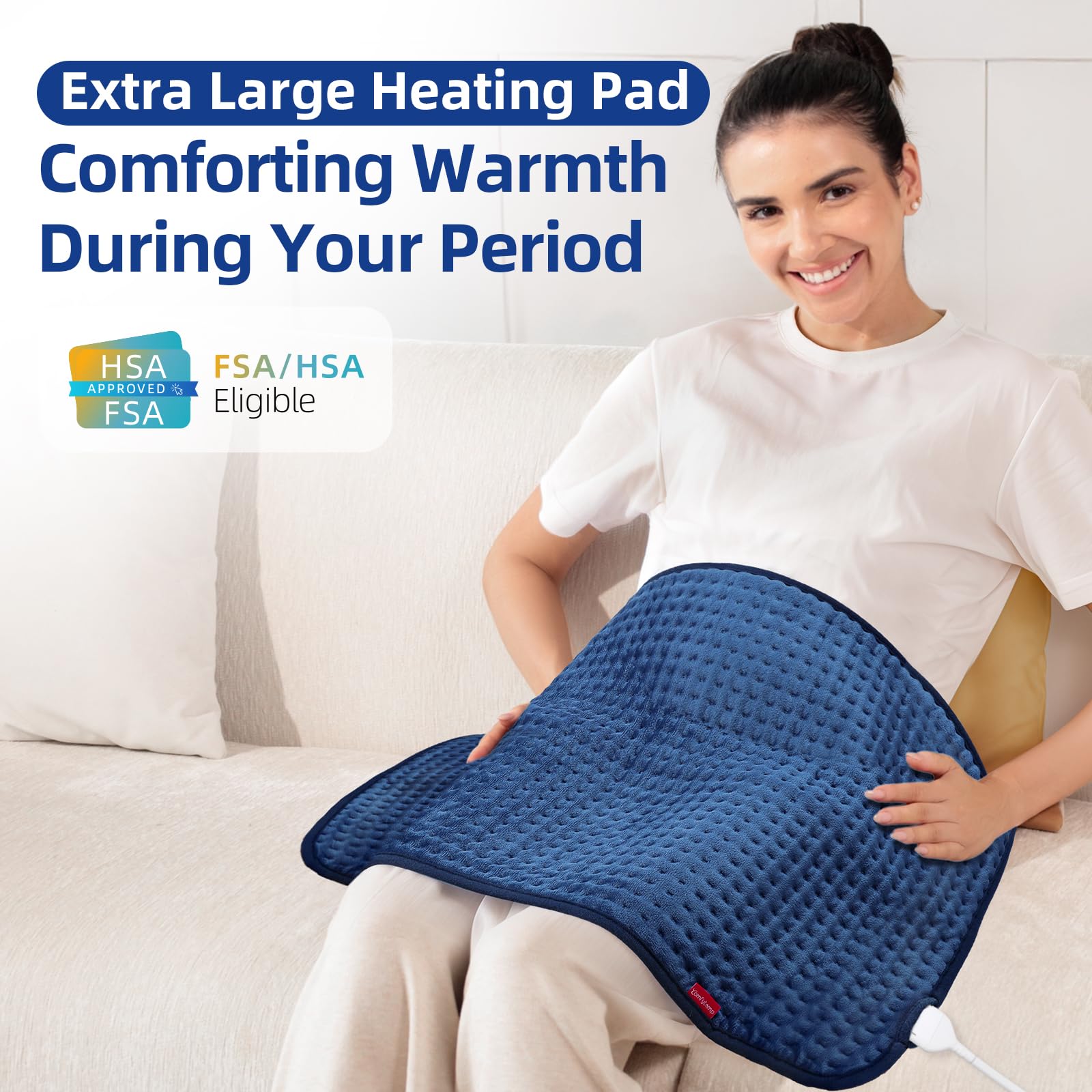 Comfytemp blue flannel heating pad laid flat to display the 33 by 17 inches dimensions.