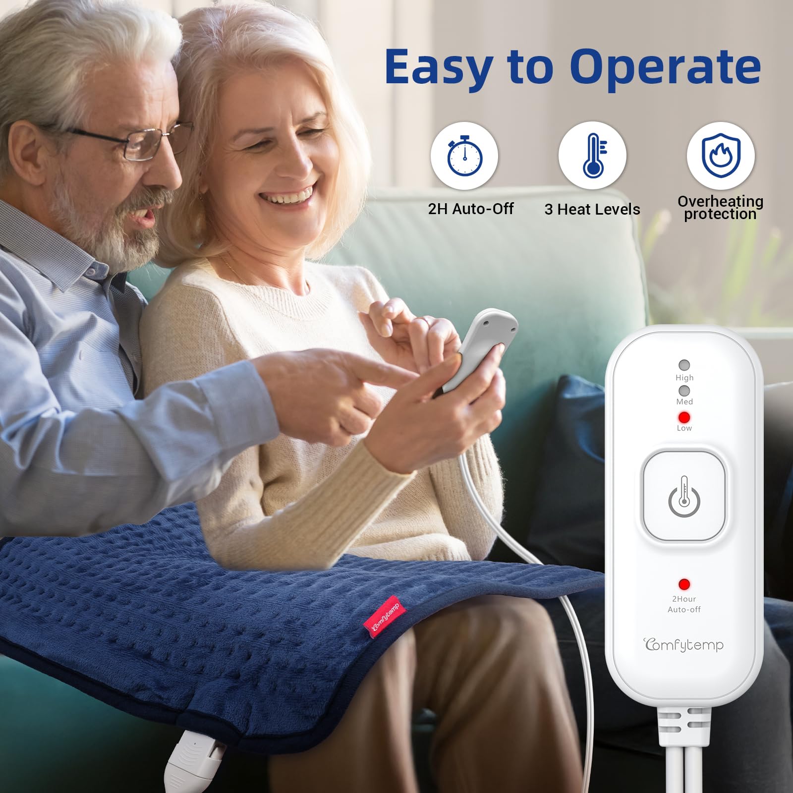 Electric wellness heating pad placed on the lower back for muscle relaxation therapy.