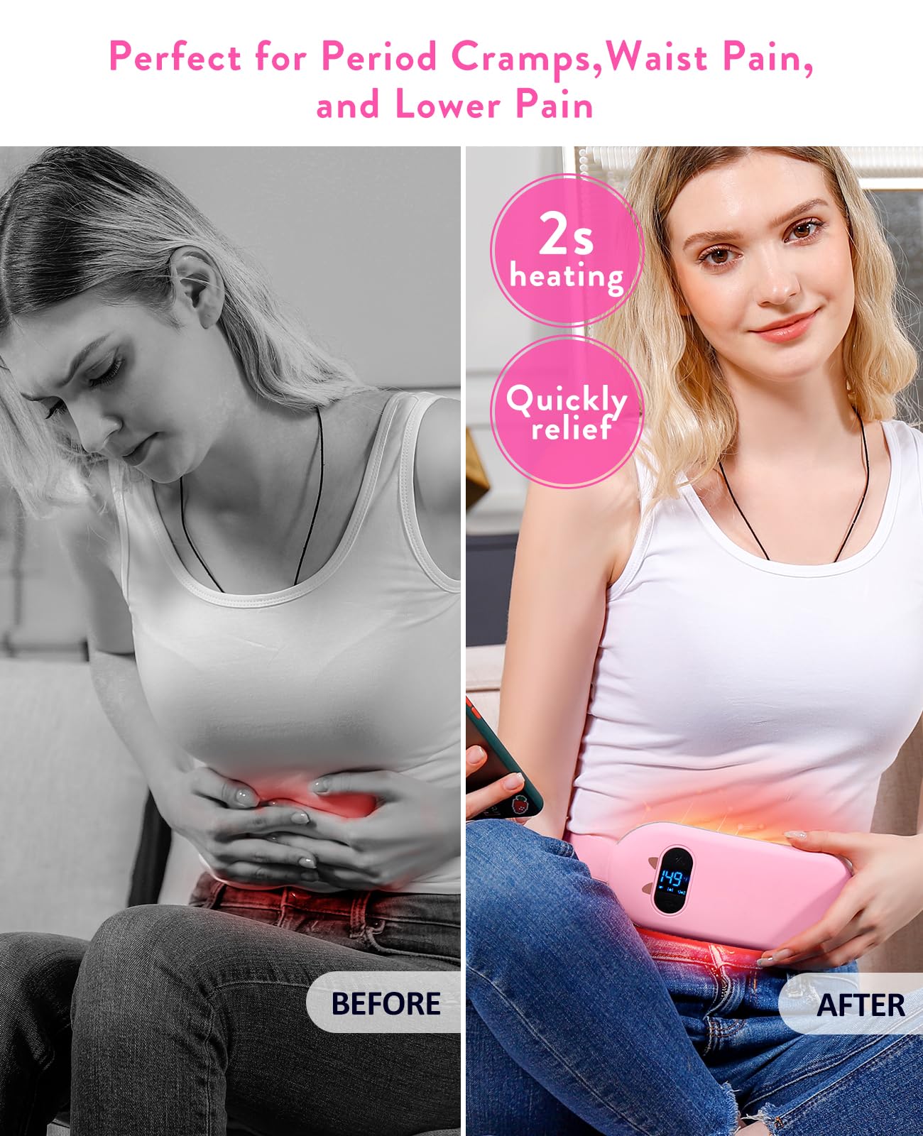 Shesangel cordless period cramp relief belt showing soft pink velvet backing material.