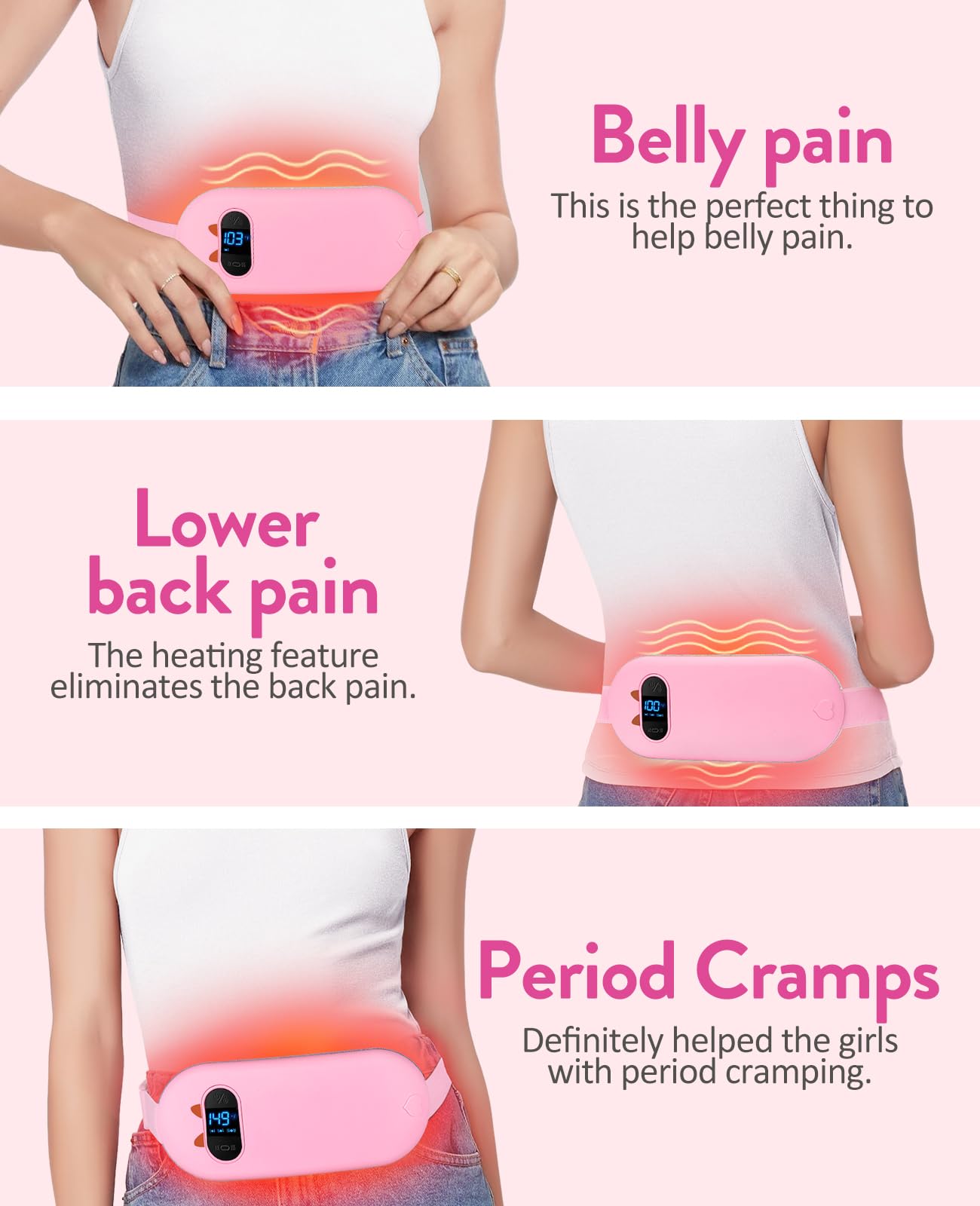 Shesangel rechargeable heating pad for women showing adjustable elastic waist strap close up.
