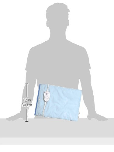Sunbeam electric heat therapy pad package layout displaying the twelve by fifteen inch dimensions and nine foot cord.