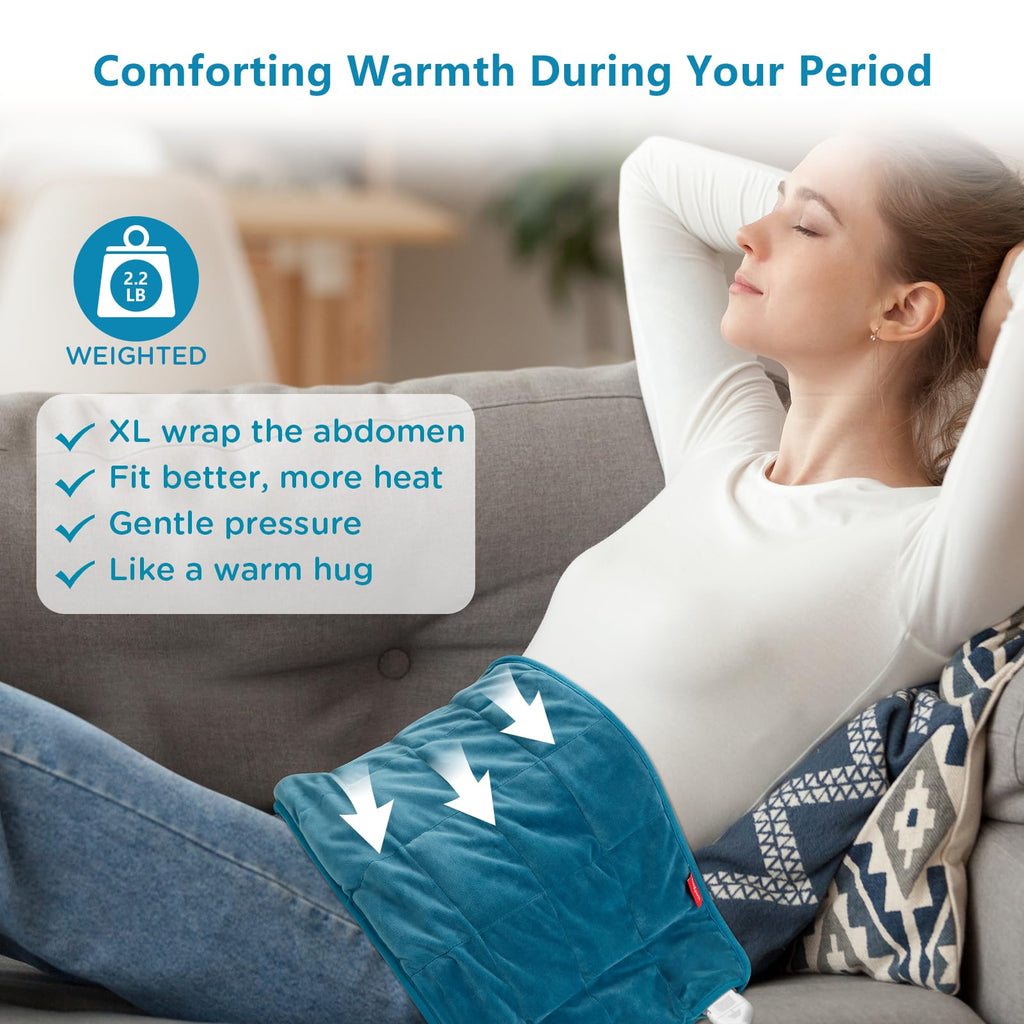 Close up of blue Comfytemp electric heat pad illustrating the soft microplush texture and even weight distribution