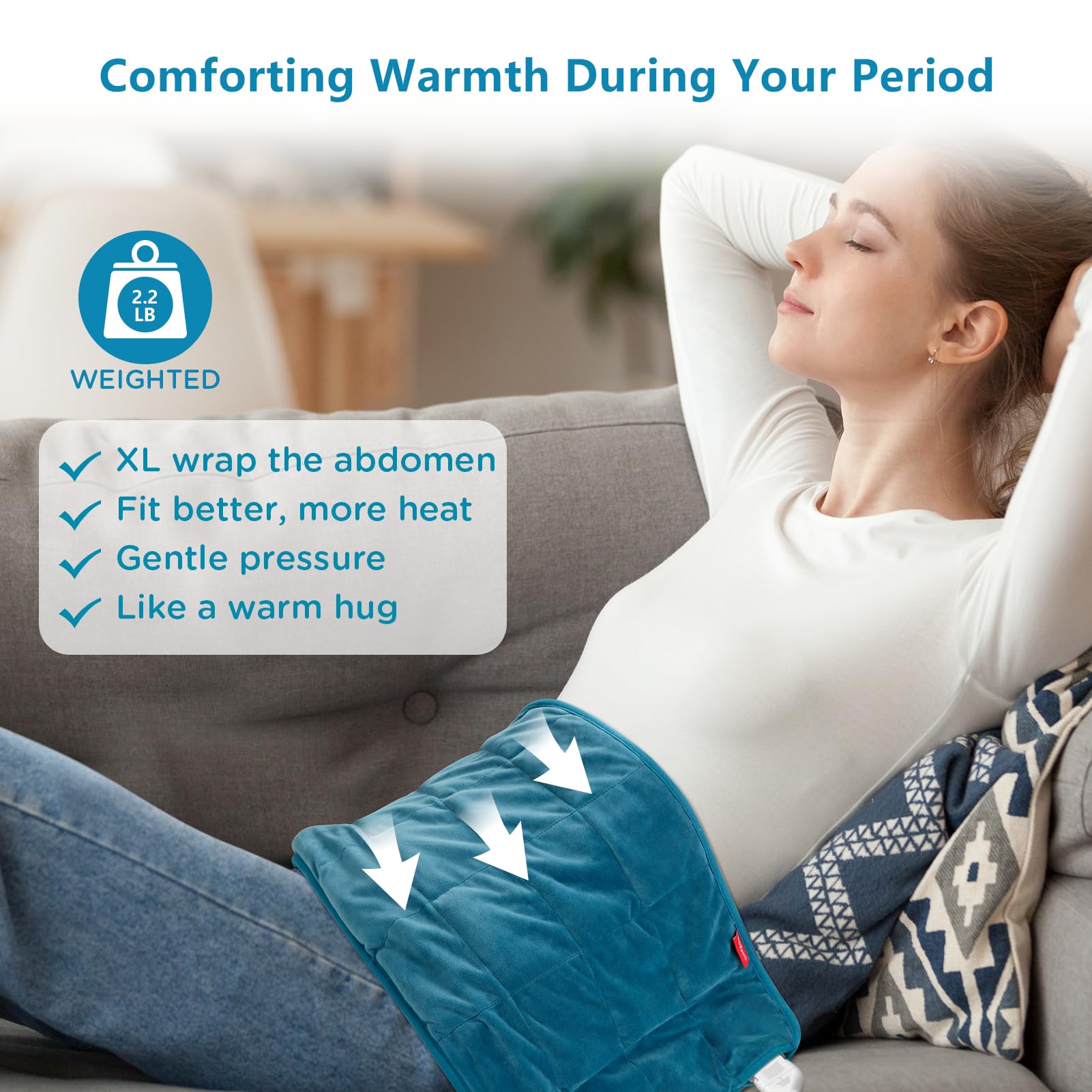 Close up of blue Comfytemp electric heat pad illustrating the soft microplush texture and even weight distribution