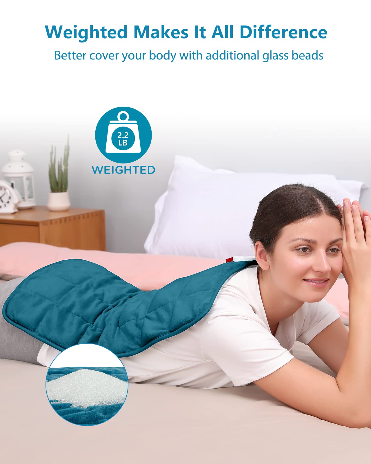 Comfytemp weighted heat pad with detachable controller separated to demonstrate safe machine washable maintenance