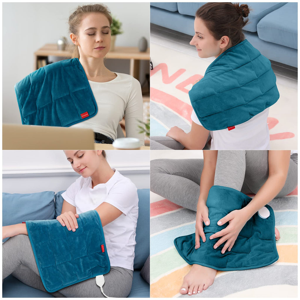 Detailed view of the quilted stitching on the blue Comfytemp heating pad designed to keep glass beads locked in place