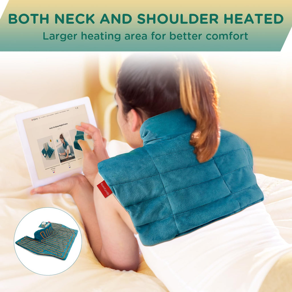 Comfytemp premium electric neck wrap controller showing nine heat settings and eleven auto off timer choices.