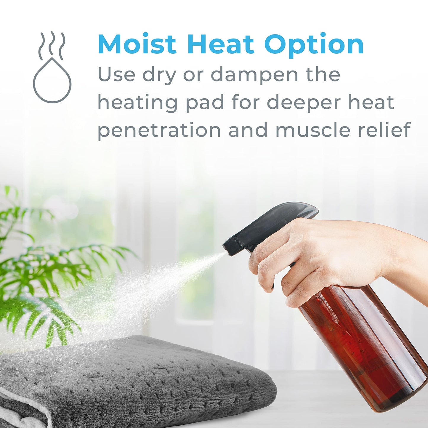Pure Enrichment king size electric pad illustrating moist heat therapy application with a light water mist