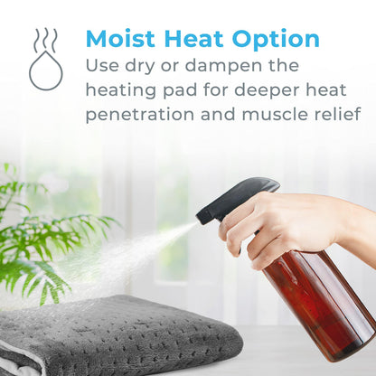 Pure Enrichment king size electric pad illustrating moist heat therapy application with a light water mist