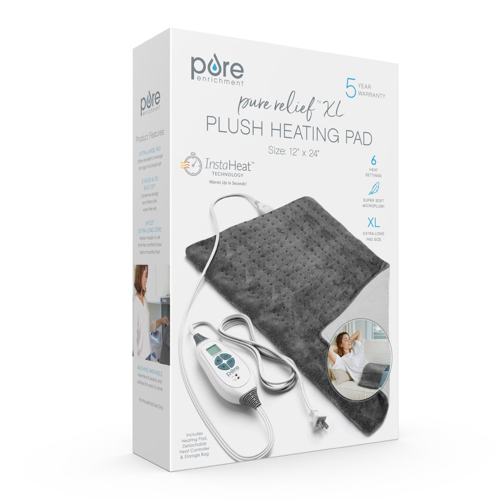 Pure Enrichment charcoal gray heating pad rolled up showcasing the flexible fabric and extra long nine foot cord