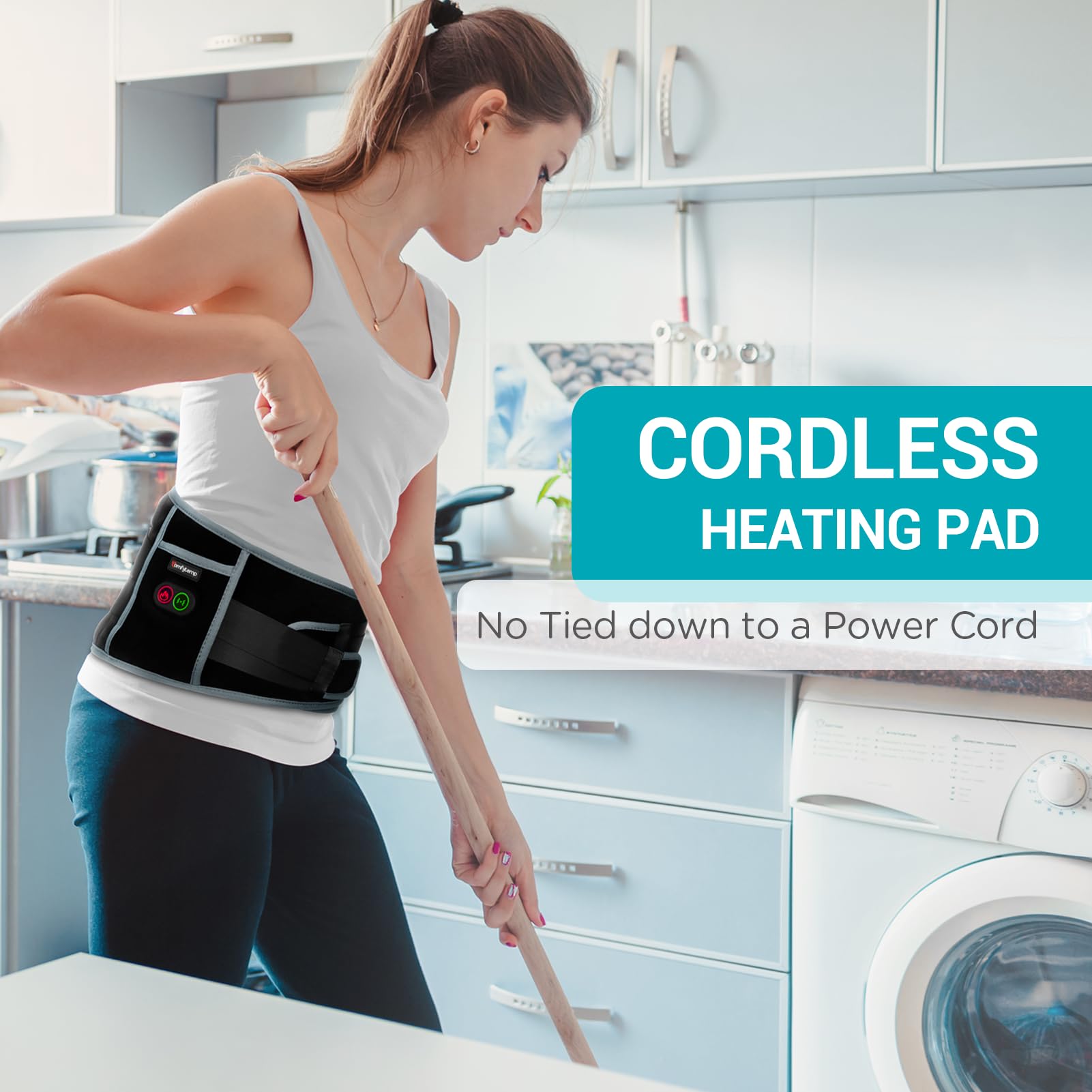 Comfytemp wireless back warmer illustrating the dual adjustable straps extended for universal fitting.