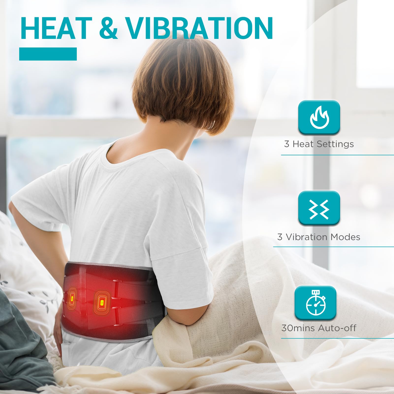 Close up of the control buttons on the Comfytemp heated waist belt indicating the heat and massage settings.